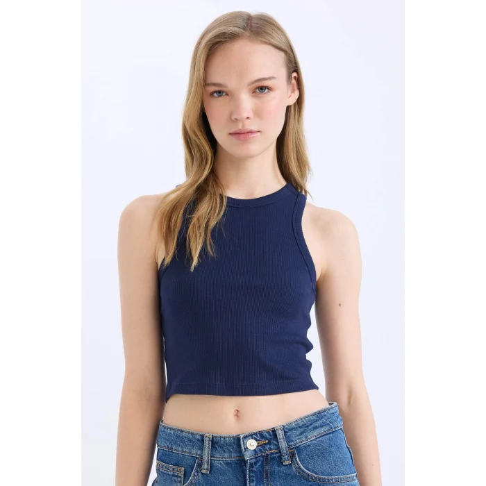 Defacto U0357AZNV42 Lacivert Fıtted Halter Yaka Fitilli Kaşkorse Atlet
