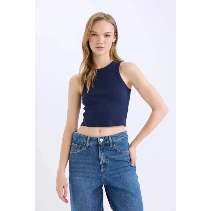 Defacto U0357AZNV42 Lacivert Fıtted Halter Yaka Fitilli Kaşkorse Atlet