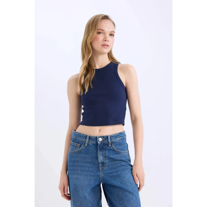 Defacto U0357AZNV42 Lacivert Fıtted Halter Yaka Fitilli Kaşkorse Atlet