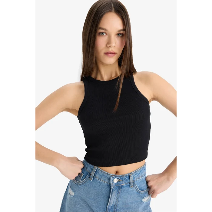 Defacto U0357AZBK81 Siyah Fıtted Halter Yaka Fitilli Kaşkorse Atlet