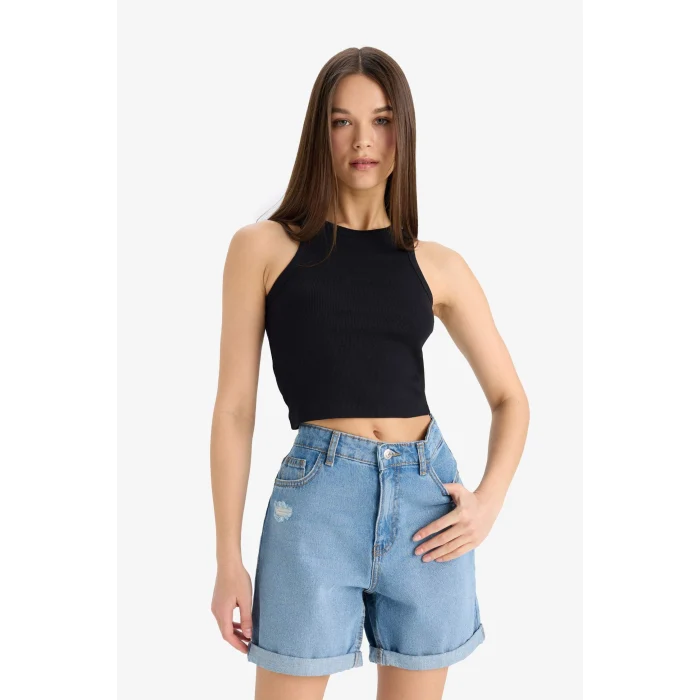 Defacto U0357AZBK81 Siyah Fıtted Halter Yaka Fitilli Kaşkorse Atlet