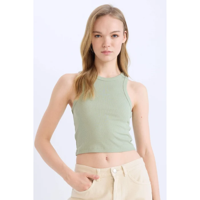 Defacto U0357AZGN1135 Yeşil Fıtted Halter Yaka Fitilli Kaşkorse Atlet