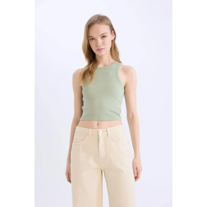 Defacto U0357AZGN1135 Yeşil Fıtted Halter Yaka Fitilli Kaşkorse Atlet