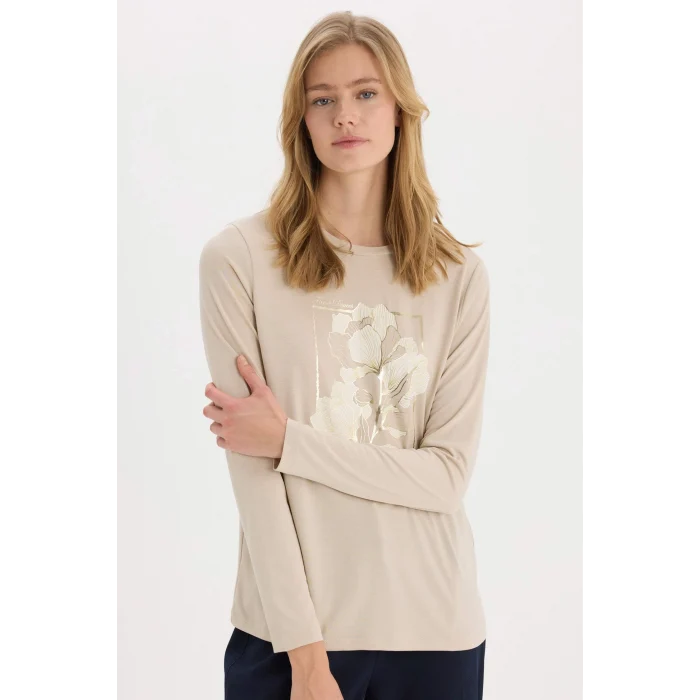 Defacto E6814AXBG186 Bej Regular Fit Bisiklet Yaka Baskılı Uzun Kollu Tişört