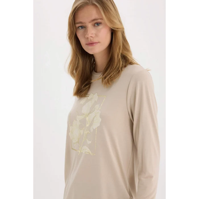 Defacto E6814AXBG186 Bej Regular Fit Bisiklet Yaka Baskılı Uzun Kollu Tişört