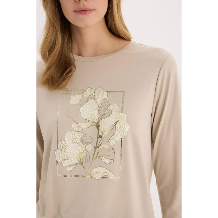 Defacto E6814AXBG186 Bej Regular Fit Bisiklet Yaka Baskılı Uzun Kollu Tişört