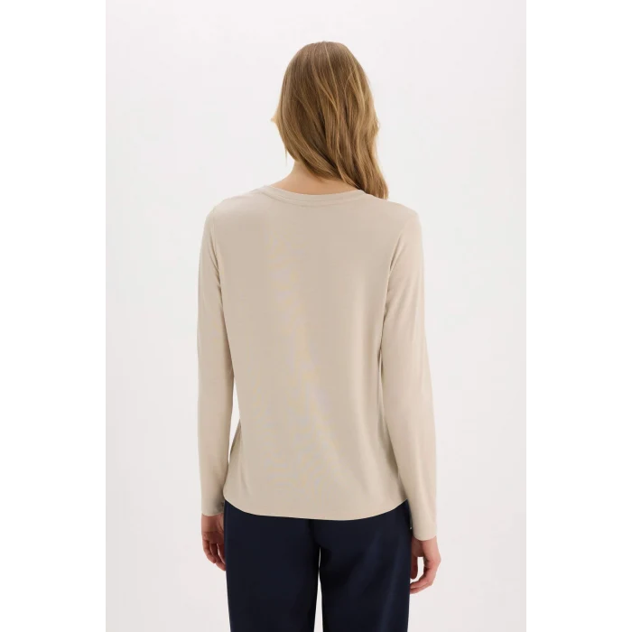 Defacto E6814AXBG186 Bej Regular Fit Bisiklet Yaka Baskılı Uzun Kollu Tişört