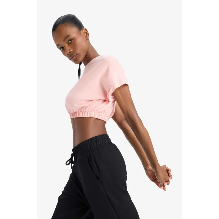 Defacto D9035AXPN243 Pembe Cropped Fit Bisiklet Yaka Baskılı Sporcu Kısa Kollu Tişört