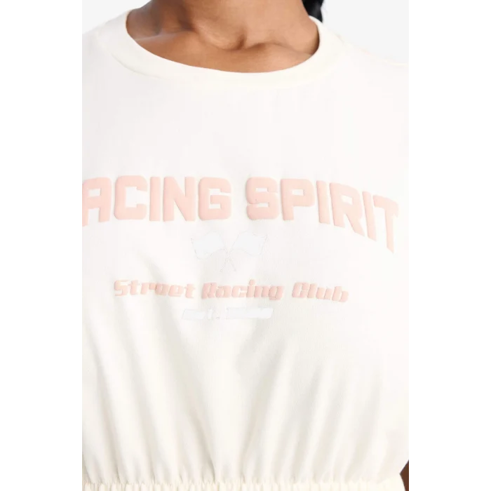 Defacto D9034AXER136 Ekru Cropped Fit Bisiklet Yaka Baskılı Sporcu Kısa Kollu Tişört