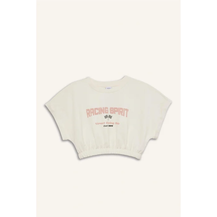 Defacto D9034AXER136 Ekru Cropped Fit Bisiklet Yaka Baskılı Sporcu Kısa Kollu Tişört