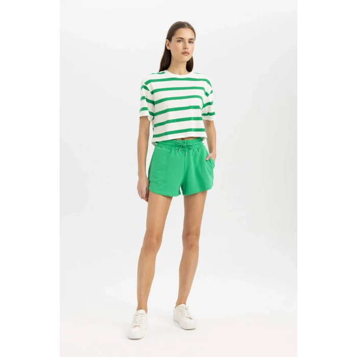Defacto C6199AXGN689 Yeşil Boxy Fit Çizgili Bisiklet Yaka Kısa Kollu Tişört