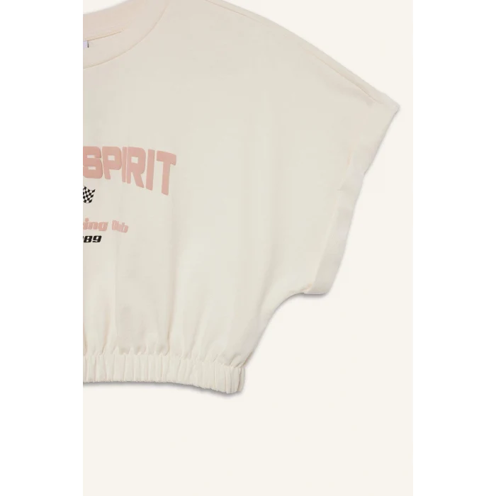 Defacto D9034AXER136 Ekru Cropped Fit Bisiklet Yaka Baskılı Sporcu Kısa Kollu Tişört