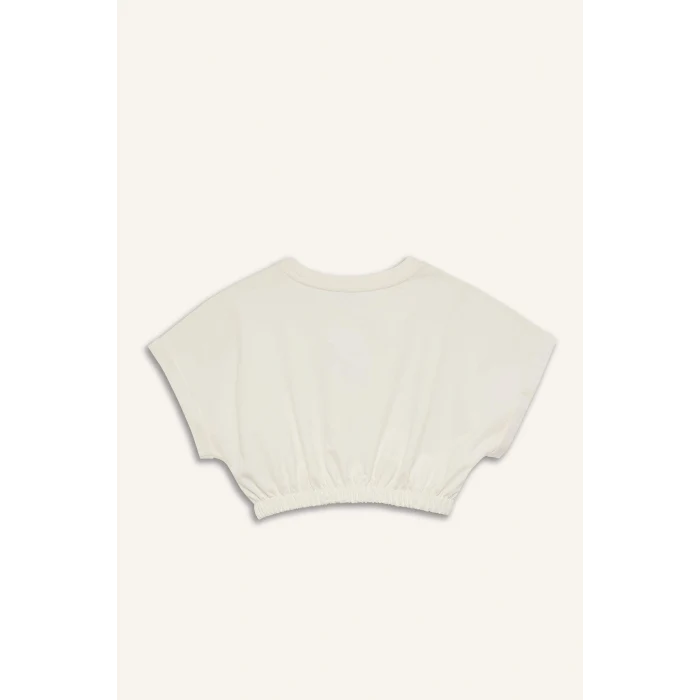 Defacto D9034AXER136 Ekru Cropped Fit Bisiklet Yaka Baskılı Sporcu Kısa Kollu Tişört