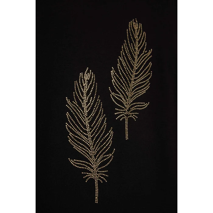 Defacto H1203AXBK81 Siyah Relax Fıt Bisiklet Yaka Taş Baskılı Uzun Kollu Tişört