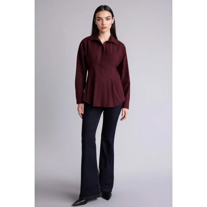 Defacto G8610AXBR34 Bordo Fitted Poplin Gömlek