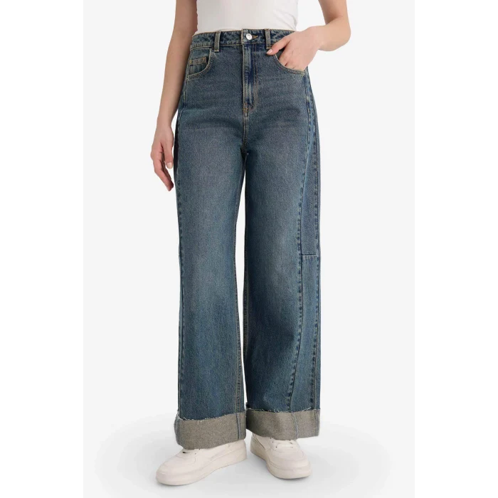 Defacto F8238AXNM34 Mavi Barrel Fıt Yüksek Bel Jean Pantolon