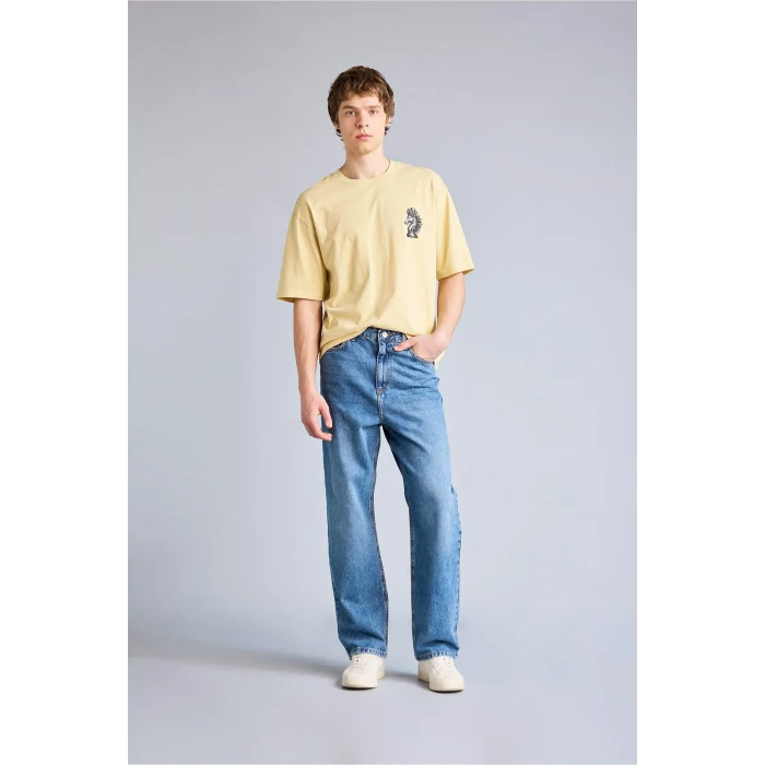 Defacto F8024AXYL166 Sarı %100 Pamuk Boxy Fit Baskılı Tişört