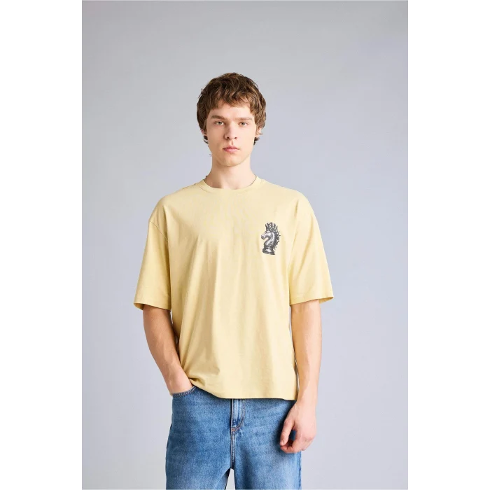 Defacto F8024AXYL166 Sarı %100 Pamuk Boxy Fit Baskılı Tişört