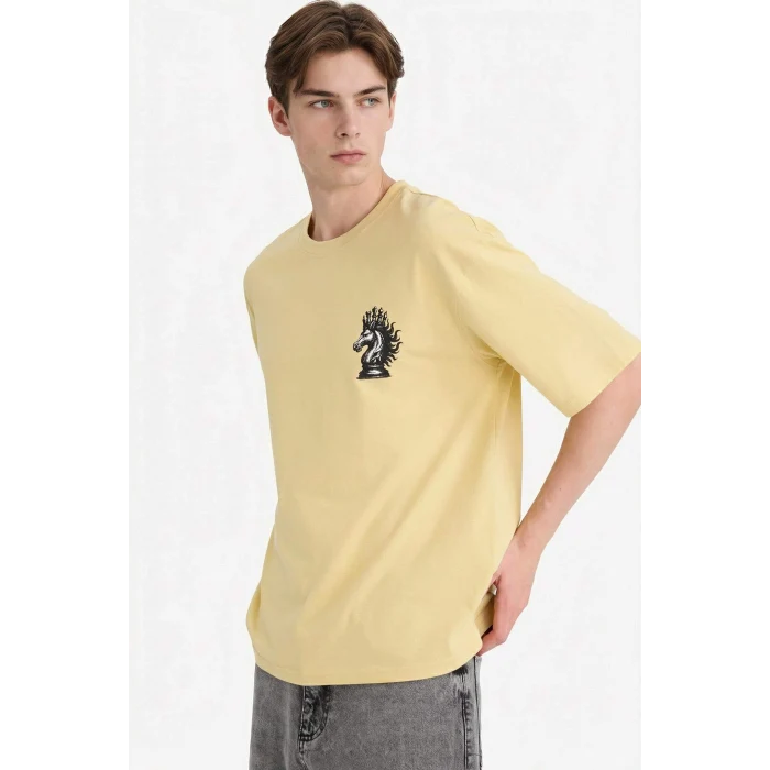 Defacto F8024AXYL166 Sarı %100 Pamuk Boxy Fit Baskılı Tişört