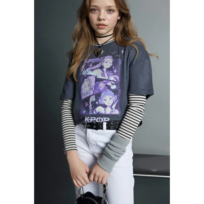 Defacto H3842A8AR58 Antrasit Kpop - Demon Hunters Relax Fıt Tişört Kız Çocuk