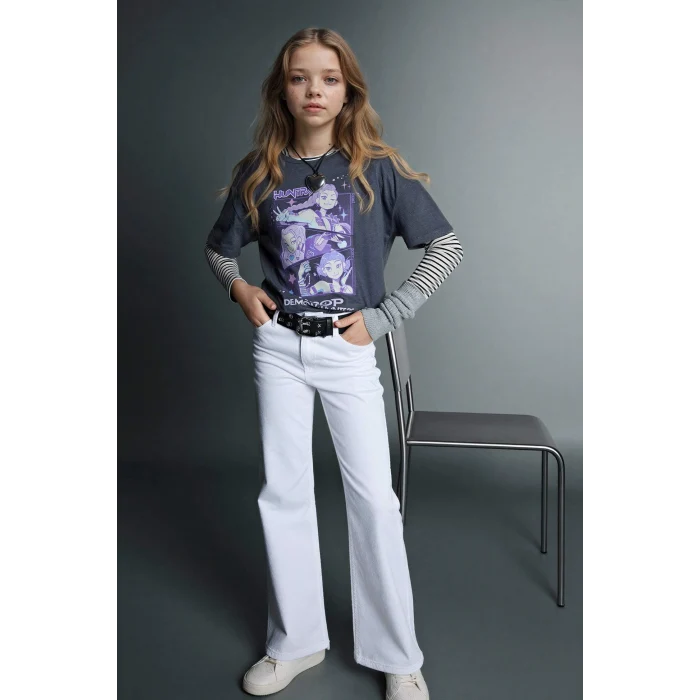 Defacto H3842A8AR58 Antrasit Kpop - Demon Hunters Relax Fıt Tişört Kız Çocuk