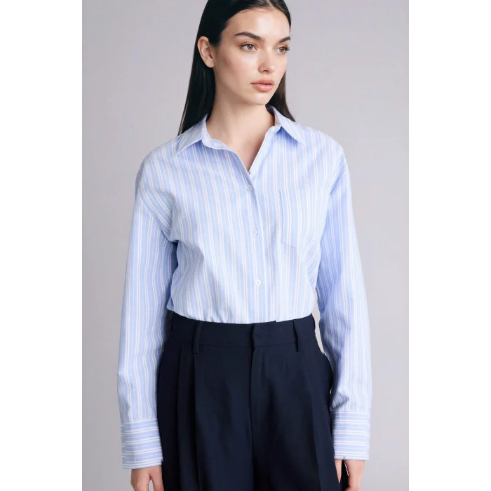 Defacto G9804AXBE303 Mavi Oversıze Çizgili Oxford Gömlek