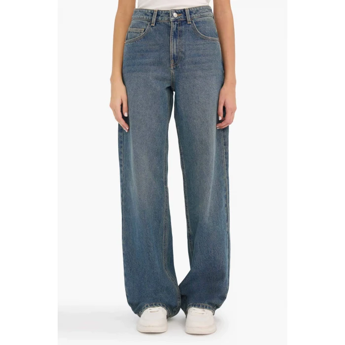Defacto F9585AXNM28 Mavi Straıght Wıde Yüksek Bel Geniş Paça Jean Kar Yıkamalı Pantolon