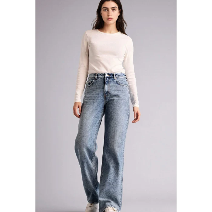 Defacto F9596AXNM28 Mavi Straıght Wıde Yüksek Bel Geniş Paça Uzun Jean Pantolon