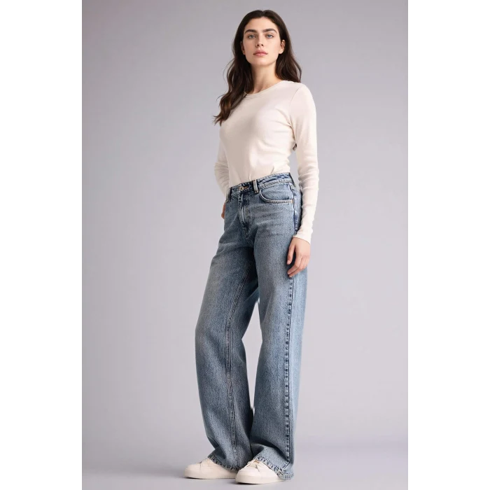 Defacto F9596AXNM28 Mavi Straıght Wıde Yüksek Bel Geniş Paça Uzun Jean Pantolon