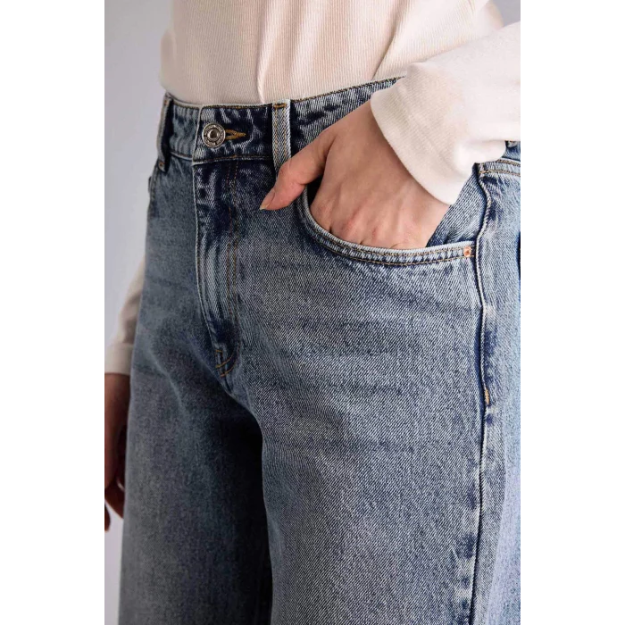 Defacto F9596AXNM28 Mavi Straıght Wıde Yüksek Bel Geniş Paça Uzun Jean Pantolon