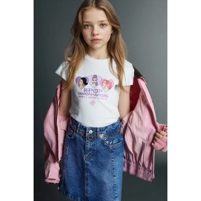 Defacto H3843A8ER105 Ekru Kpop - Demon Hunters Ribana Tişört Kız Çocuk