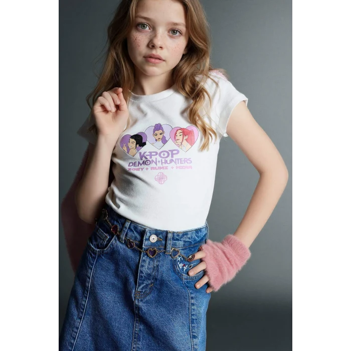 Defacto H3843A8ER105 Ekru Kpop - Demon Hunters Ribana Tişört Kız Çocuk