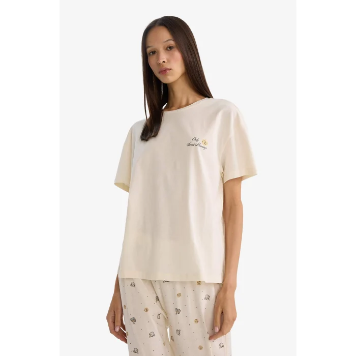 Defacto G3116AXER98 Ekru Pijama Takımı Kısa Kollu Üst Alt