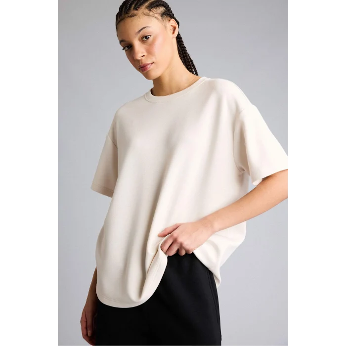 Defacto D7127AXER218 Ekru Oversıze Bisiklet Yaka Sporcu Modal Kısa Kollu Tişört