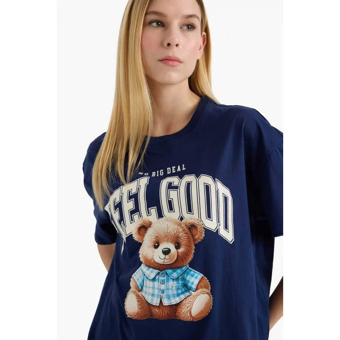 Defacto G2336AXNV241 Lacivert %100 Pamuk Oversıze Ayıcıklı Tişört