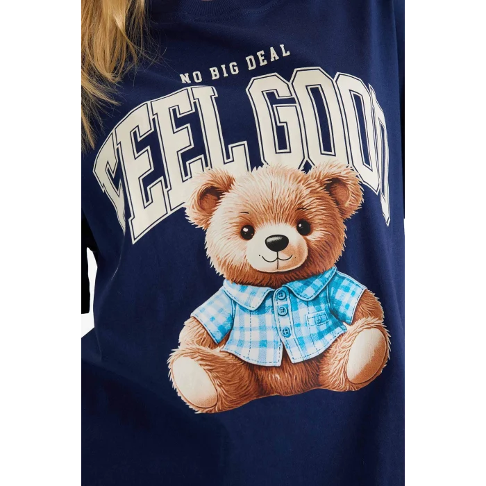 Defacto G2336AXNV241 Lacivert %100 Pamuk Oversıze Ayıcıklı Tişört