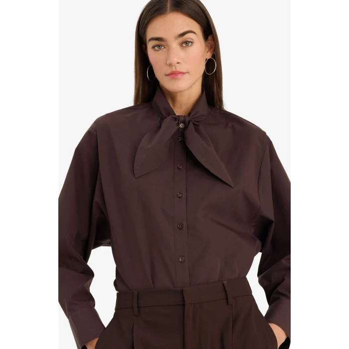 Defacto G8622AXBN192 Kahve Oversıze Fular Yaka Poplin Uzun Kollu Gömlek
