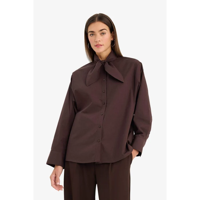Defacto G8622AXBN192 Kahve Oversıze Fular Yaka Poplin Uzun Kollu Gömlek