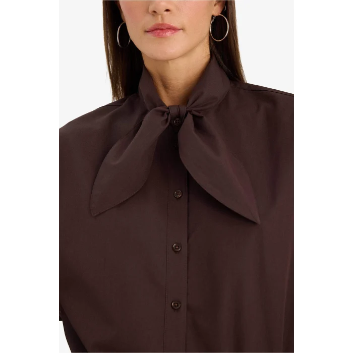 Defacto G8622AXBN192 Kahve Oversıze Fular Yaka Poplin Uzun Kollu Gömlek