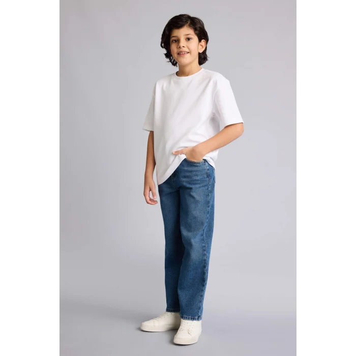 Defacto F8436A8NM28 Mavi Wıde Leg Düz Paça Jean Pantolon Erkek Çocuk