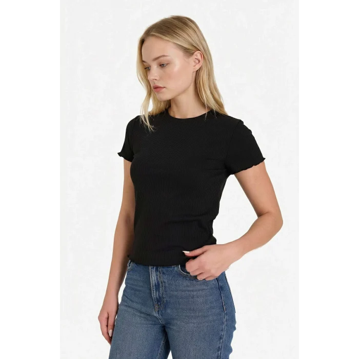 Defacto K7064AZBK81 Siyah Fıtted Fitilli Kaşkorse Tişört