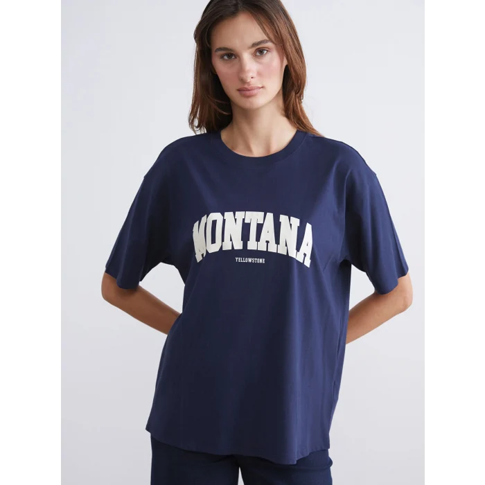 LCW Vision Lacivert Montana Baskılı Oversize Kadın Tişört