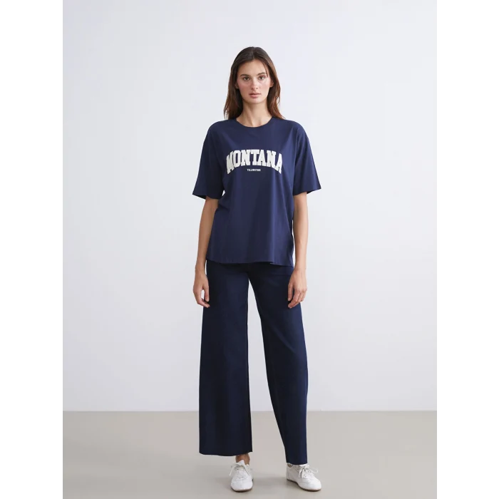 LCW Vision Lacivert Montana Baskılı Oversize Kadın Tişört
