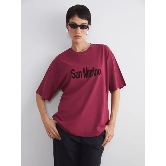 LCW Vision Bordo San Marino Baskılı Oversize Kadın Tişört