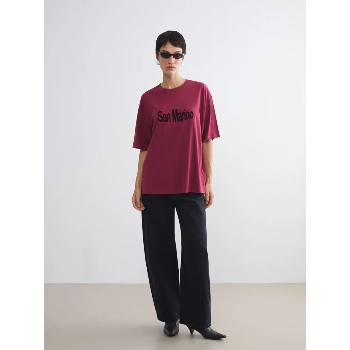 LCW Vision Bordo San Marino Baskılı Oversize Kadın Tişört