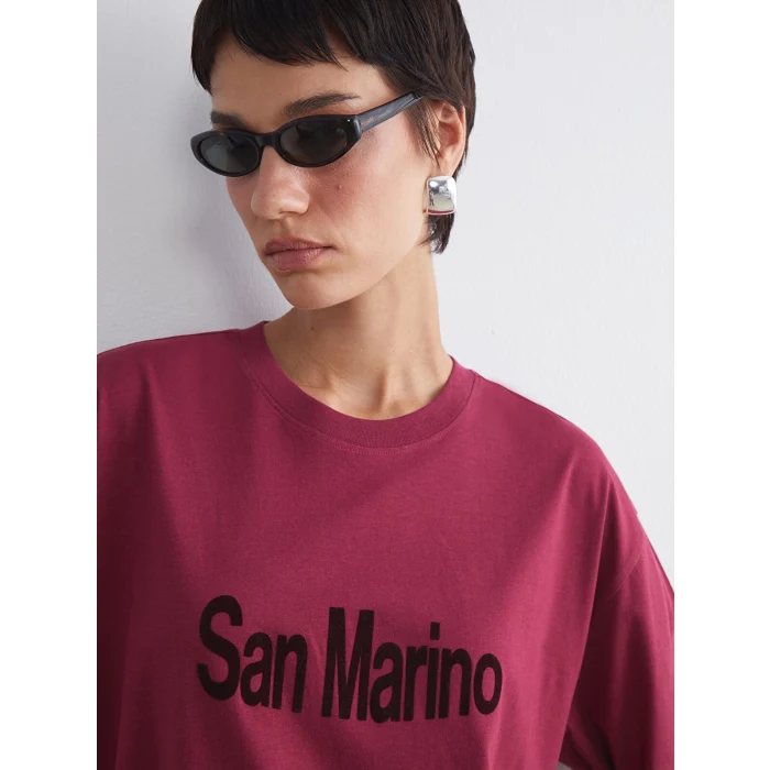 LCW Vision Bordo San Marino Baskılı Oversize Kadın Tişört