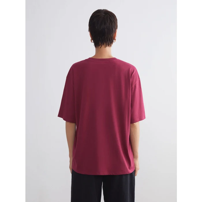 LCW Vision Bordo San Marino Baskılı Oversize Kadın Tişört