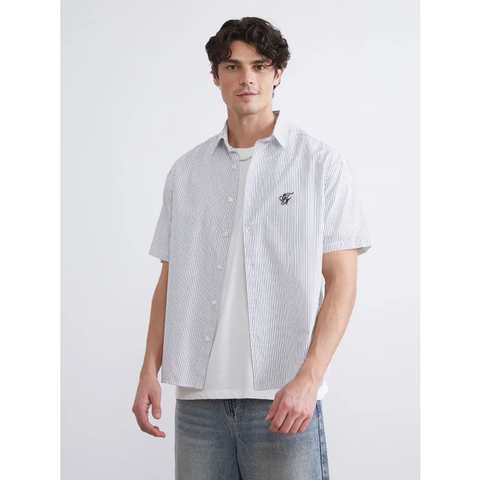 XSIDE Siyah Regular Fit Kısa Kollu Çizgili Poplin Erkek Gömlek