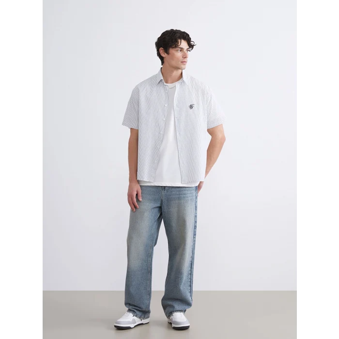 XSIDE Siyah Regular Fit Kısa Kollu Çizgili Poplin Erkek Gömlek