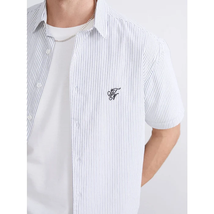 XSIDE Siyah Regular Fit Kısa Kollu Çizgili Poplin Erkek Gömlek